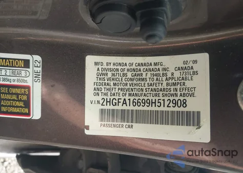 2009 Honda Civic Lx-S z USA, uszkodzony, nr VIN 2HGFA16699H512908